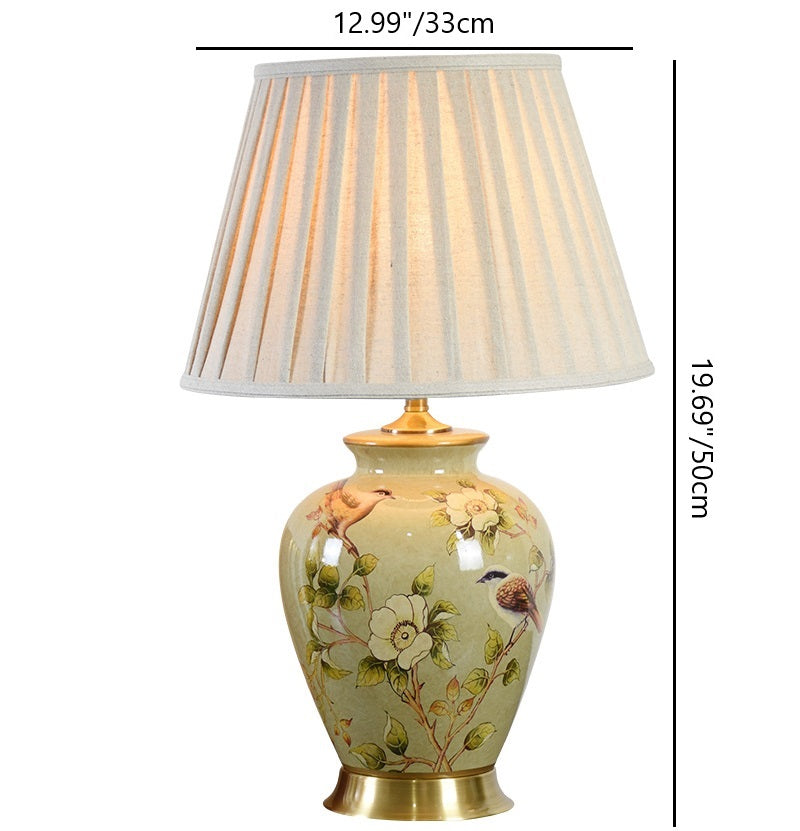 Traditional Chinese Pleated Scalloped Sunflower Double Birds Round Fabric Ceramic 1-Light Table Lamp For Living Room