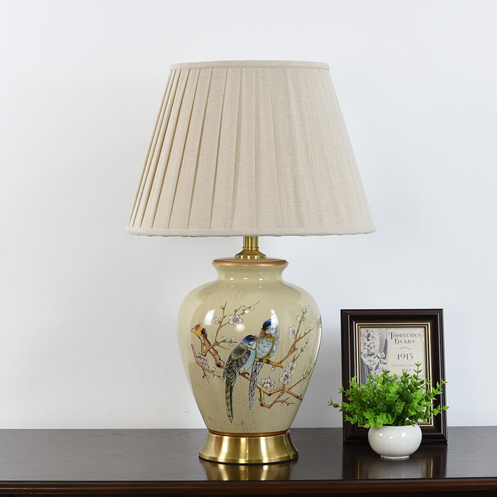 Traditional Chinese Pleated Scalloped Sunflower Double Birds Round Fabric Ceramic 1-Light Table Lamp For Living Room