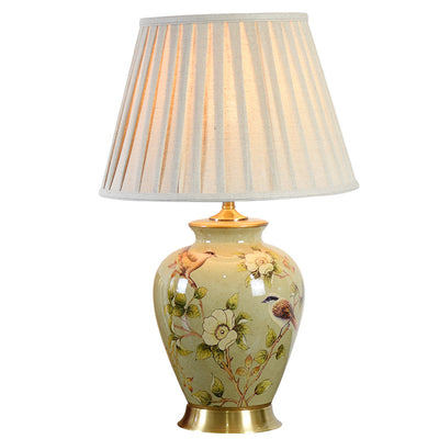 Traditionelle chinesische plissierte, gewellte Sonnenblume mit doppelten Vögeln, runder Stoff-Keramik 1-Licht Tischlampe für das Wohnzimmer 