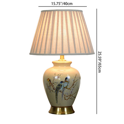 Traditionelle chinesische plissierte, gewellte Sonnenblume mit doppelten Vögeln, runder Stoff-Keramik 1-Licht Tischlampe für das Wohnzimmer 