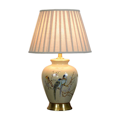Traditionelle chinesische plissierte, gewellte Sonnenblume mit doppelten Vögeln, runder Stoff-Keramik 1-Licht Tischlampe für das Wohnzimmer 