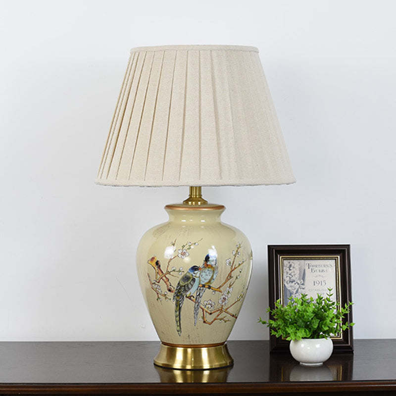 Traditional Chinese Pleated Scalloped Sunflower Double Birds Round Fabric Ceramic 1-Light Table Lamp For Living Room