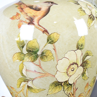 Traditionelle chinesische plissierte, gewellte Sonnenblume mit doppelten Vögeln, runder Stoff-Keramik 1-Licht Tischlampe für das Wohnzimmer 