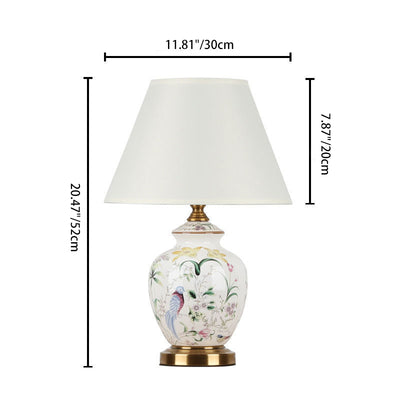 Lampe de table en céramique à tissu rond festonné avec motif d'oiseau chinois traditionnel 1 lumière pour salon 