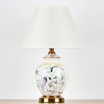 Lampe de table en céramique à tissu rond festonné avec motif d'oiseau chinois traditionnel 1 lumière pour salon 