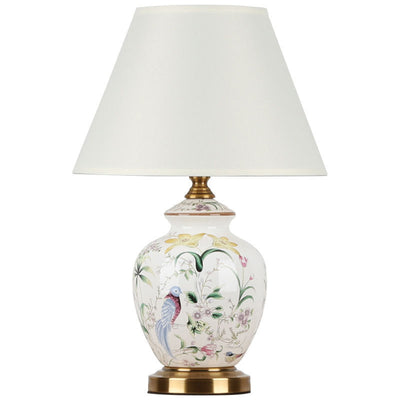 Lampe de table en céramique à tissu rond festonné avec motif d'oiseau chinois traditionnel 1 lumière pour salon 