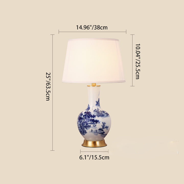 Traditional Chinese Cylinder Scalloped Pine Lapis Lazuli Fabric Ceramic Copper 1-Light Table Lamp For Living Room
