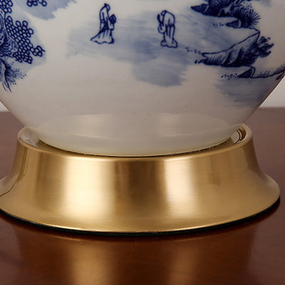 Lámpara de mesa de 1 luz de cobre cerámica con tela de lapislázuli de pino festoneado cilíndrico chino tradicional para sala de estar 