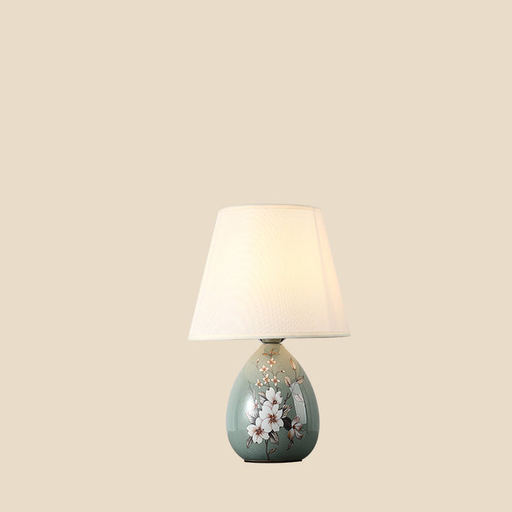 伝統的な中国の花柄ラウンドファンファブリックセラミック1灯テーブルランプリビングルーム用 