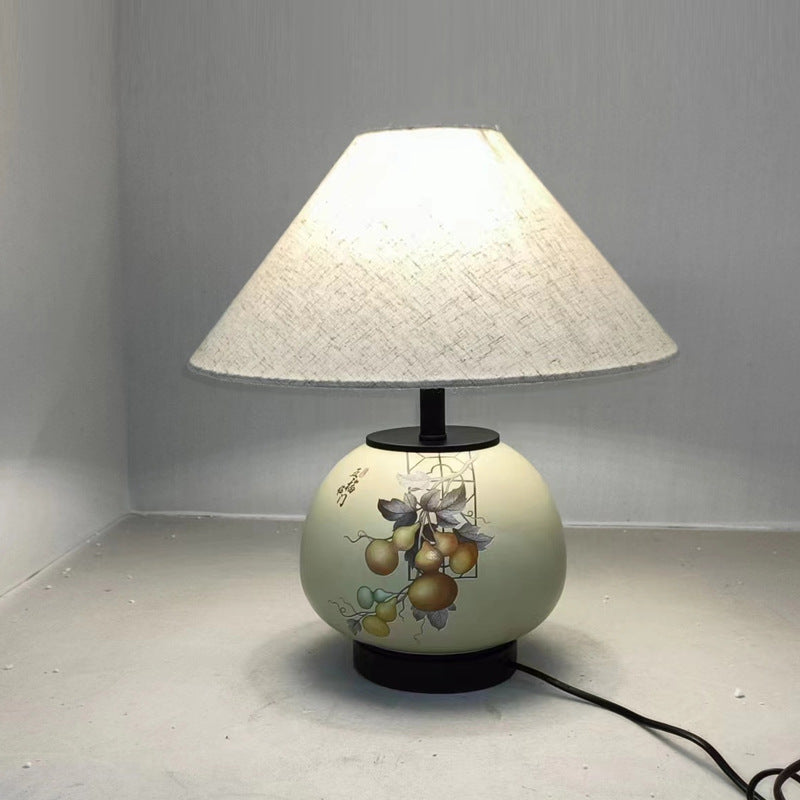Lámpara de mesa de cerámica con patrón chino tradicional, tela con orbe festoneado, de 1 luz para sala de estar 