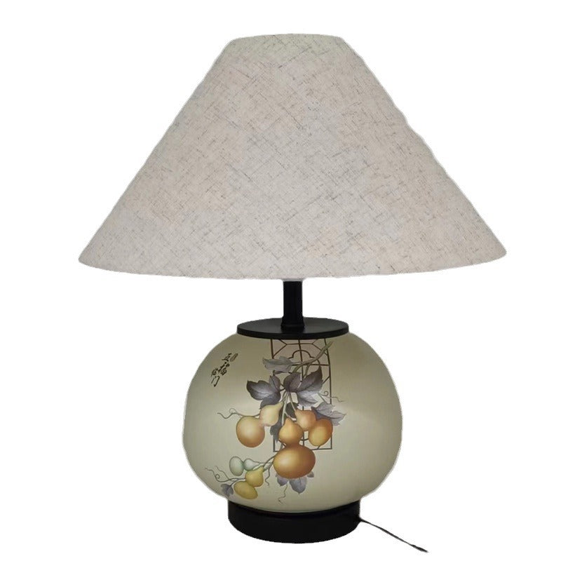 Lámpara de mesa de cerámica con patrón chino tradicional, tela con orbe festoneado, de 1 luz para sala de estar 