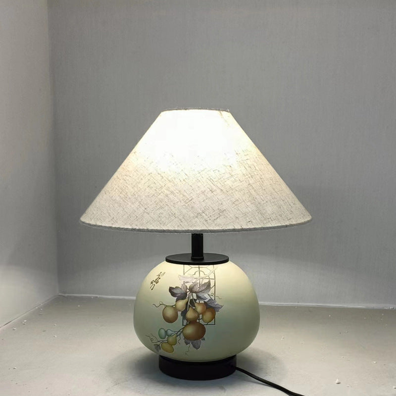 Lámpara de mesa de cerámica con patrón chino tradicional, tela con orbe festoneado, de 1 luz para sala de estar 
