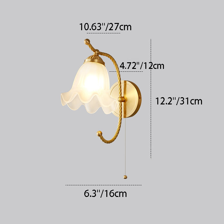 Traditional French Curved Floral Round Glass Copper 1-Light Wall Sconce Lamp For Bedroom