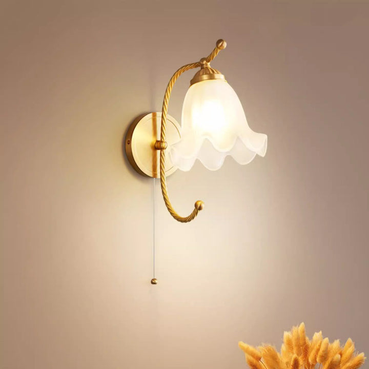 Traditional French Curved Floral Round Glass Copper 1-Light Wall Sconce Lamp For Bedroom