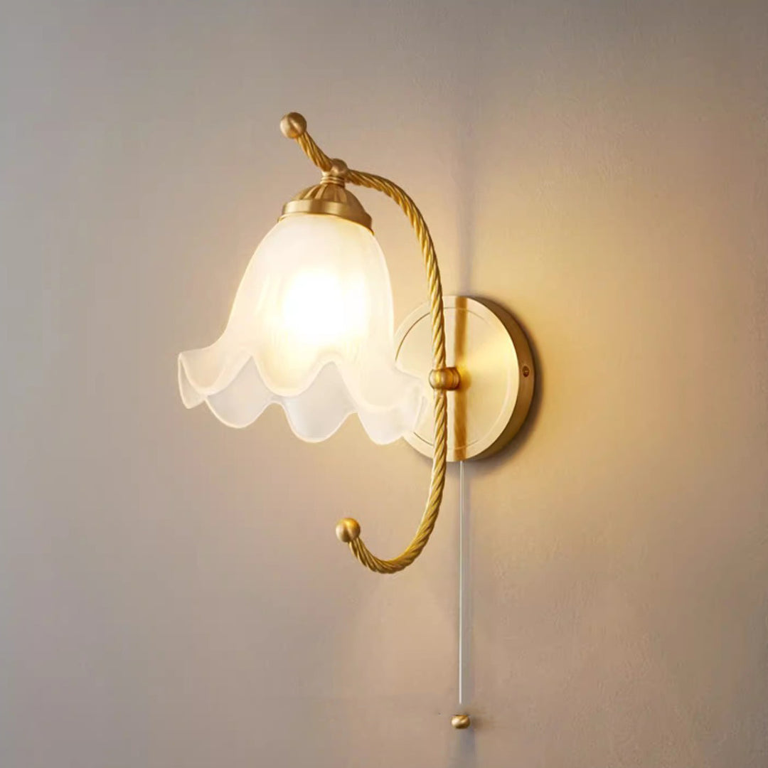 Traditional French Curved Floral Round Glass Copper 1-Light Wall Sconce Lamp For Bedroom