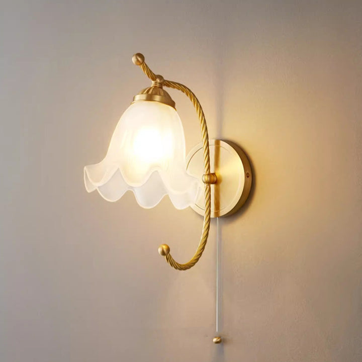 Traditional French Curved Floral Round Glass Copper 1-Light Wall Sconce Lamp For Bedroom