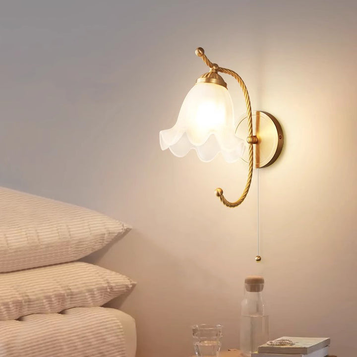 Traditional French Curved Floral Round Glass Copper 1-Light Wall Sconce Lamp For Bedroom
