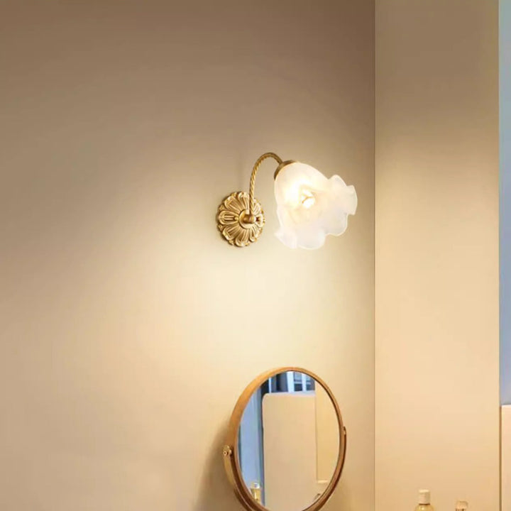 Traditional French Curved Floral Round Glass Copper 1-Light Wall Sconce Lamp For Bedroom