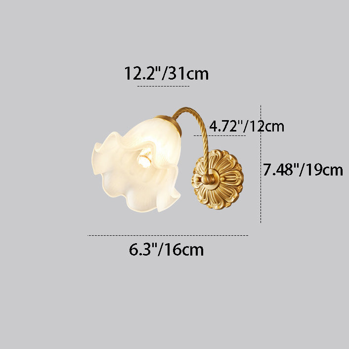 Aplique de pared de 1 luz de cobre con vidrio redondo floral curvado tradicional francés para dormitorio 