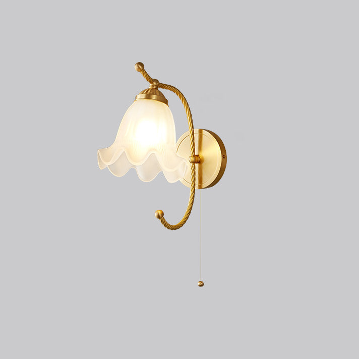 Traditional French Curved Floral Round Glass Copper 1-Light Wall Sconce Lamp For Bedroom