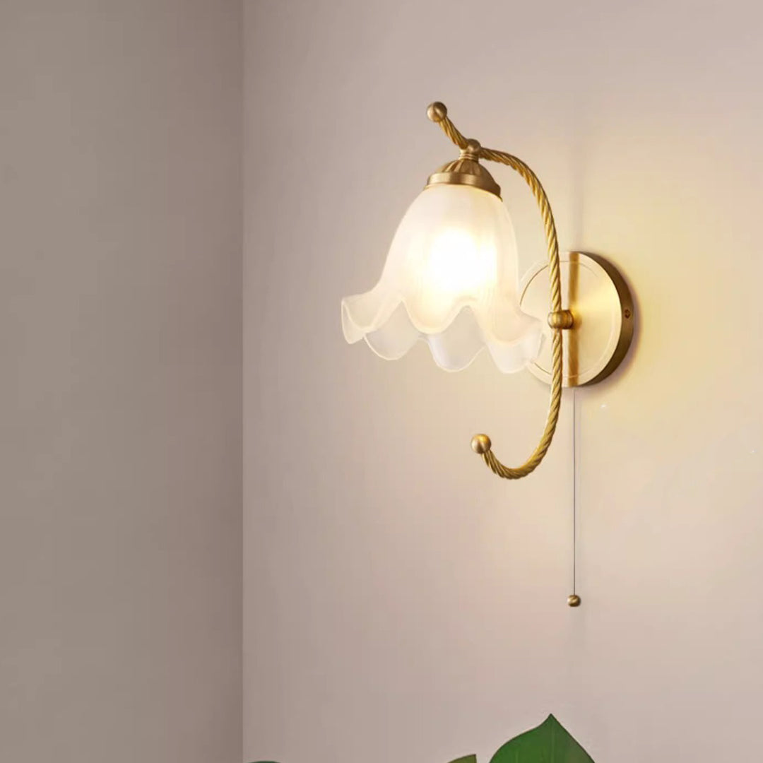 Traditional French Curved Floral Round Glass Copper 1-Light Wall Sconce Lamp For Bedroom
