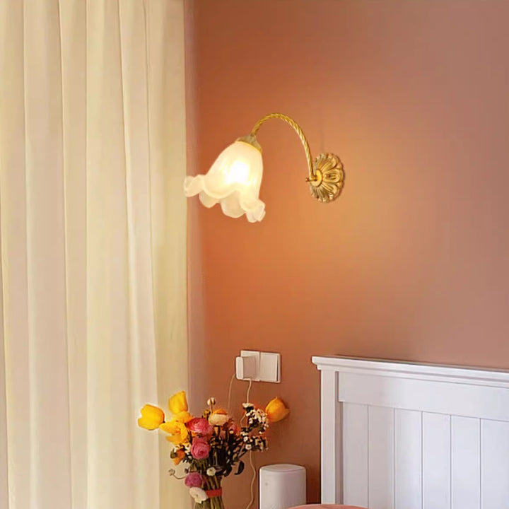 Traditional French Curved Floral Round Glass Copper 1-Light Wall Sconce Lamp For Bedroom