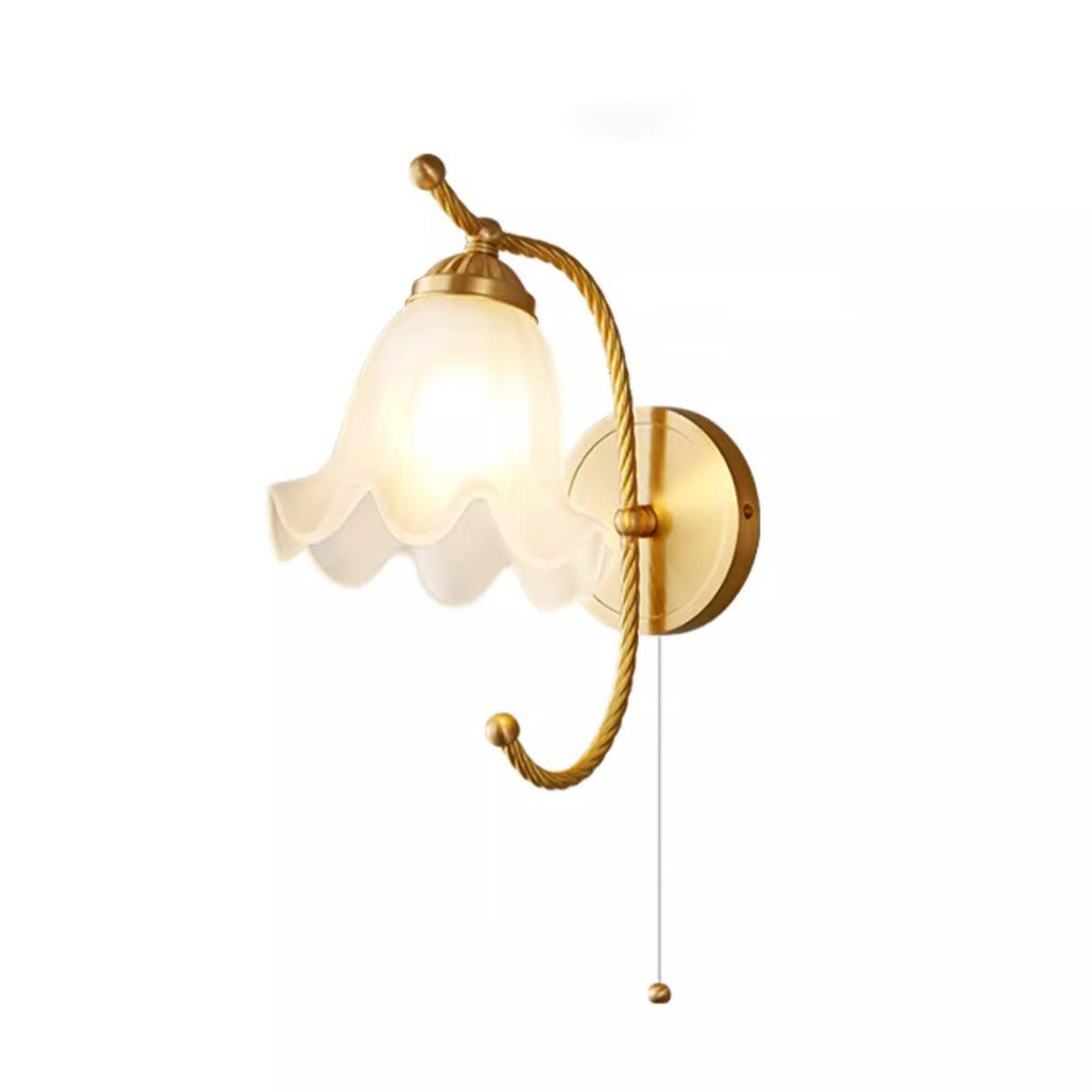 Traditional French Curved Floral Round Glass Copper 1-Light Wall Sconce Lamp For Bedroom