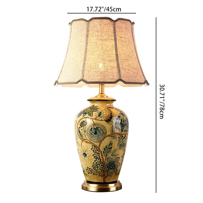 Lampe de table en céramique à 1 lumière avec tissu vieilli traditionnel vintage fleur oiseau rond pour salon 
