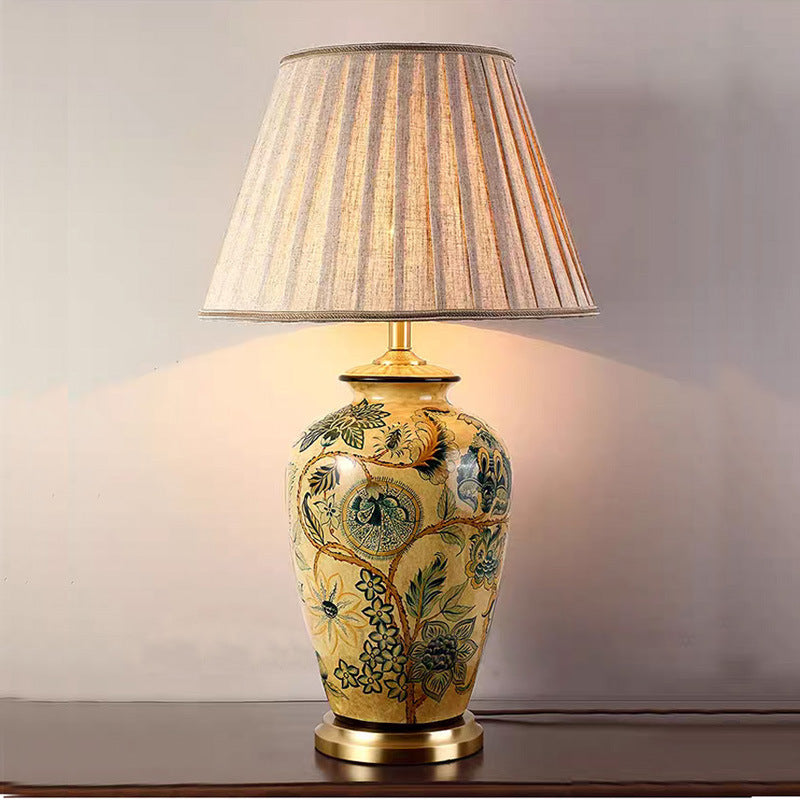 Lampe de table en céramique à 1 lumière avec tissu vieilli traditionnel vintage fleur oiseau rond pour salon 