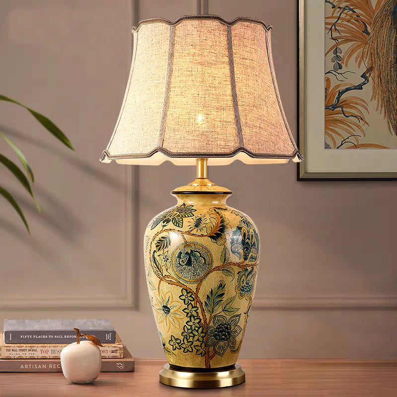 Lampe de table en céramique à 1 lumière avec tissu vieilli traditionnel vintage fleur oiseau rond pour salon 