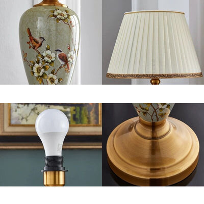 Lampe de table en céramique avec tissu en forme de feuilles de ventilateur rond chinois traditionnel à 1 lumière pour salon 
