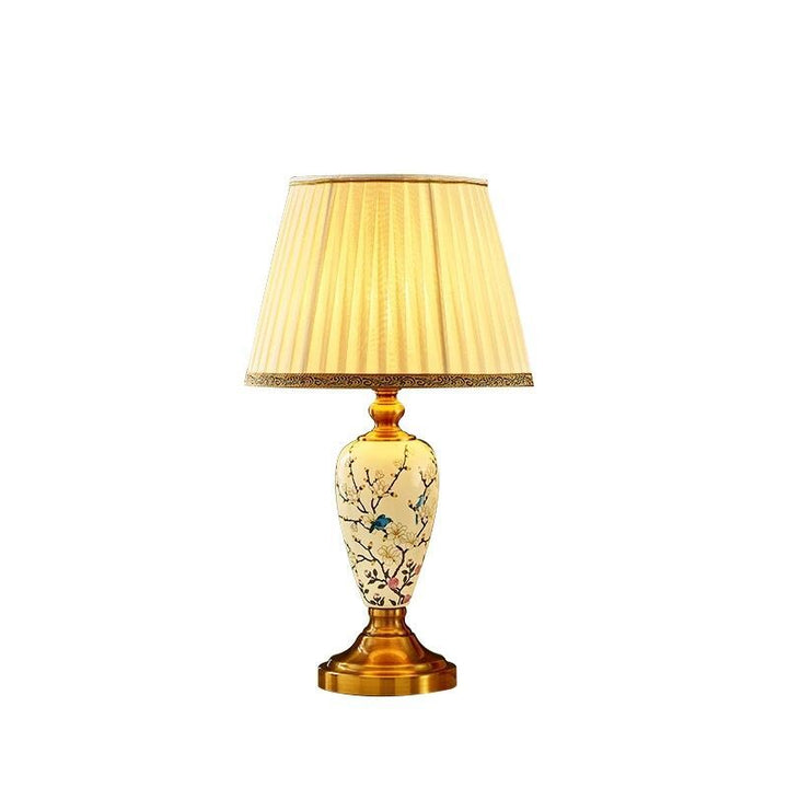 Lampe de table en céramique avec tissu en forme de feuilles de ventilateur rond chinois traditionnel à 1 lumière pour salon 