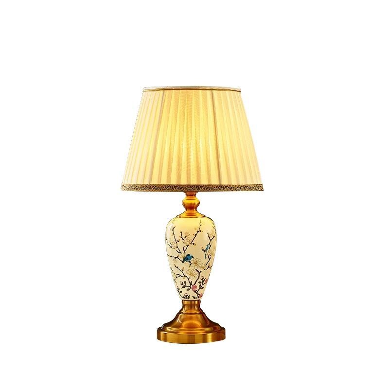 Lampe de table en céramique avec tissu en forme de feuilles de ventilateur rond chinois traditionnel à 1 lumière pour salon 
