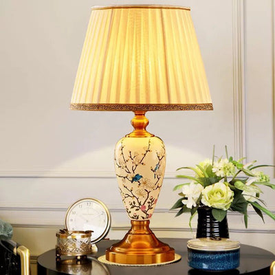 Lampe de table en céramique avec tissu en forme de feuilles de ventilateur rond chinois traditionnel à 1 lumière pour salon 