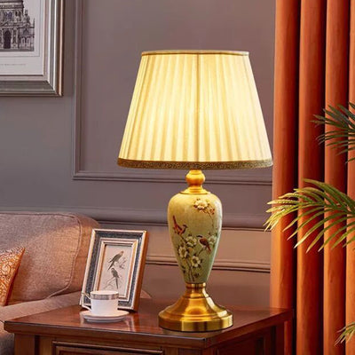 Lampe de table en céramique avec tissu en forme de feuilles de ventilateur rond chinois traditionnel à 1 lumière pour salon 