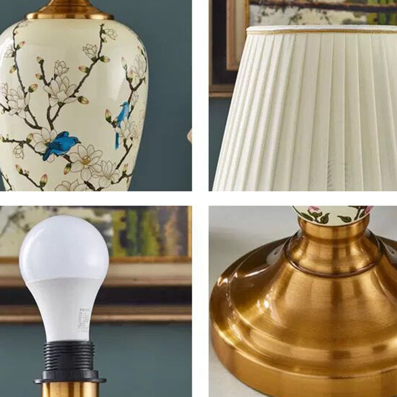 Lampe de table en céramique avec tissu en forme de feuilles de ventilateur rond chinois traditionnel à 1 lumière pour salon 
