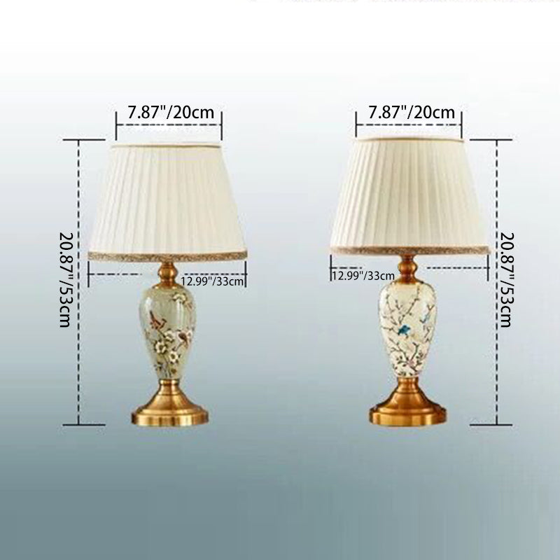 Lampe de table en céramique avec tissu en forme de feuilles de ventilateur rond chinois traditionnel à 1 lumière pour salon 
