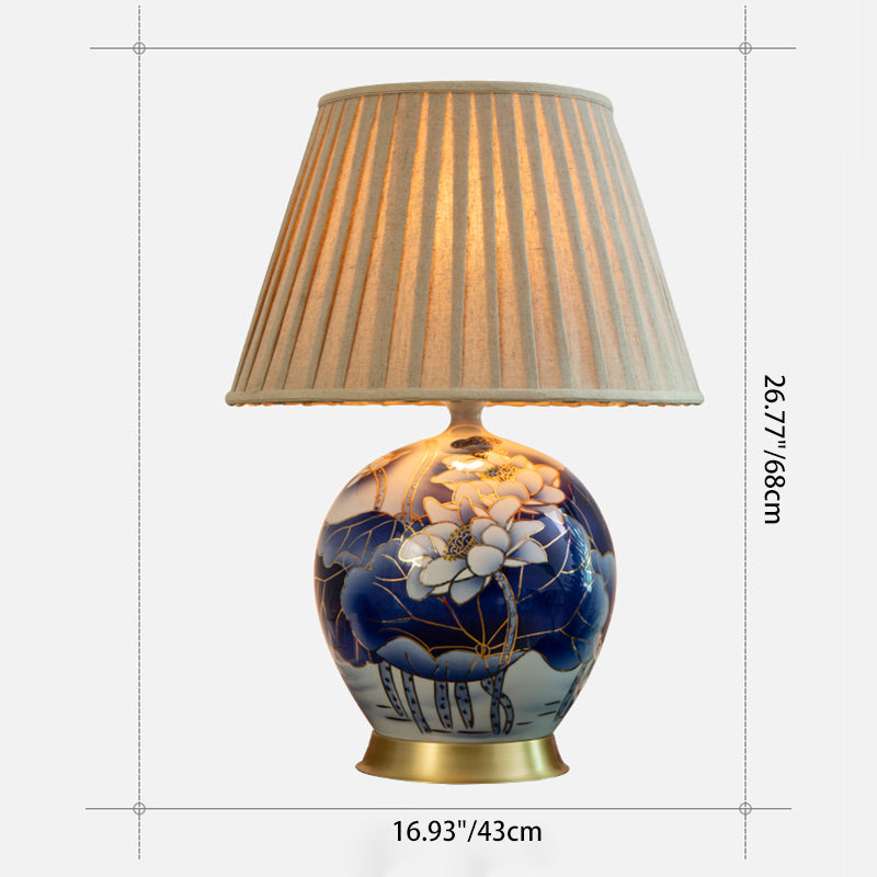 Traditional Vintage Scalloped Round Lotus Flower Fabric Ceramic Metal 1-Light Table Lamp For Living Room