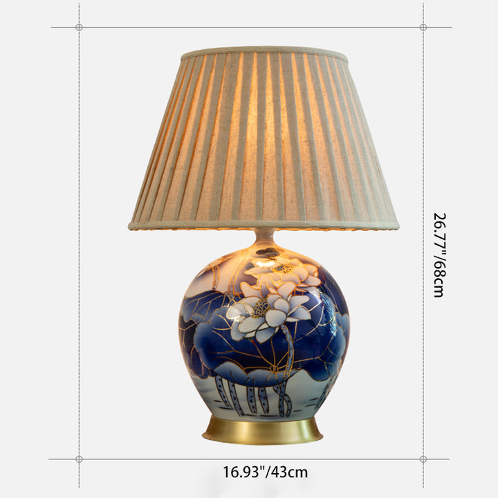 Traditional Vintage Scalloped Round Lotus Flower Fabric Ceramic Metal 1-Light Table Lamp For Living Room