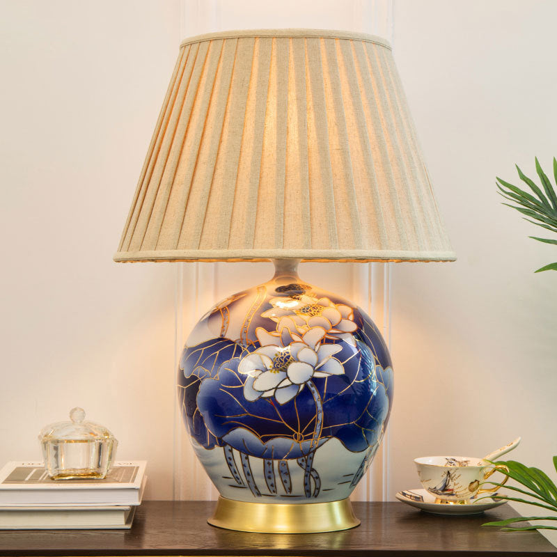 Traditional Vintage Scalloped Round Lotus Flower Fabric Ceramic Metal 1-Light Table Lamp For Living Room