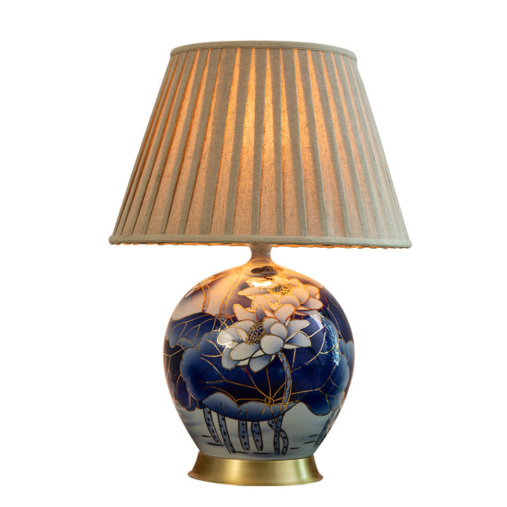 Traditional Vintage Scalloped Round Lotus Flower Fabric Ceramic Metal 1-Light Table Lamp For Living Room