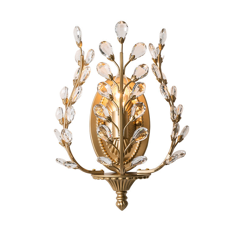 Applique murale moderne de luxe en fer avec feuille ovale en cristal à 1 lumière pour chambre 