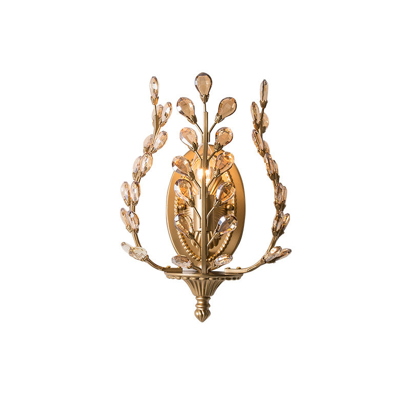 Modern Luxury Branch Leaf Oval Crystal Iron 1-Light Wall Sconce Lamp For Bedroom