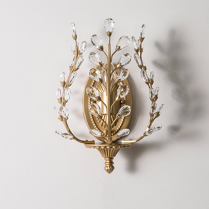 Applique murale moderne de luxe en fer avec feuille ovale en cristal à 1 lumière pour chambre 