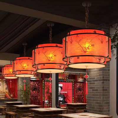 Traditional Chinese Round Spike Flower Faux Sheepskin Iron 1/3 Light Pendant Light For Living Room
