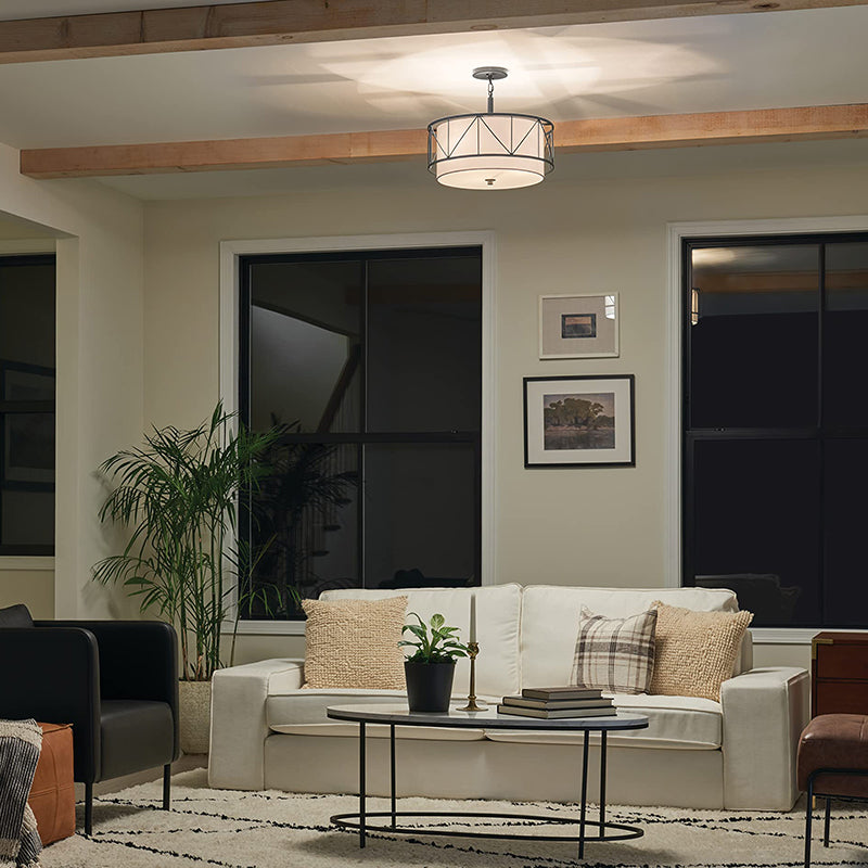 Traditional Rustic Round Cutout Fabric Iron 1-Light Semi-Flush Mount Ceiling Light For Living Room