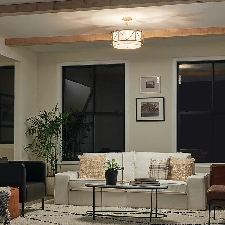 Traditional Rustic Round Cutout Fabric Iron 1-Light Semi-Flush Mount Ceiling Light For Living Room