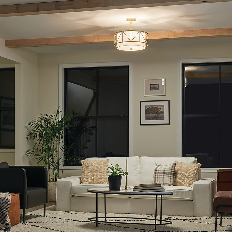 Traditional Rustic Round Cutout Fabric Iron 1-Light Semi-Flush Mount Ceiling Light For Living Room