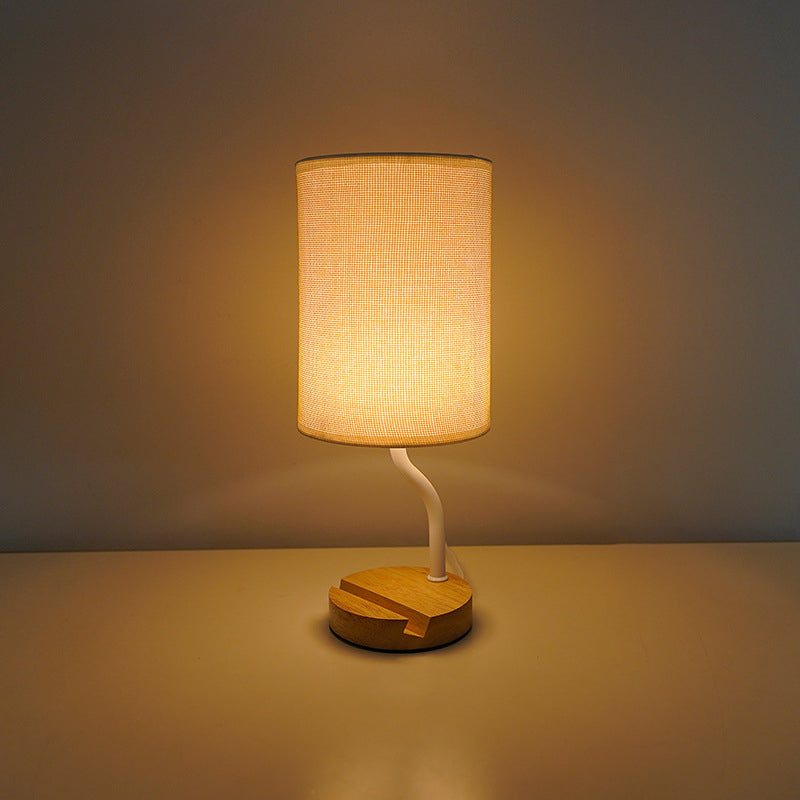 Lampe de table LED en tissu bois cylindrique minimaliste moderne pour salon 