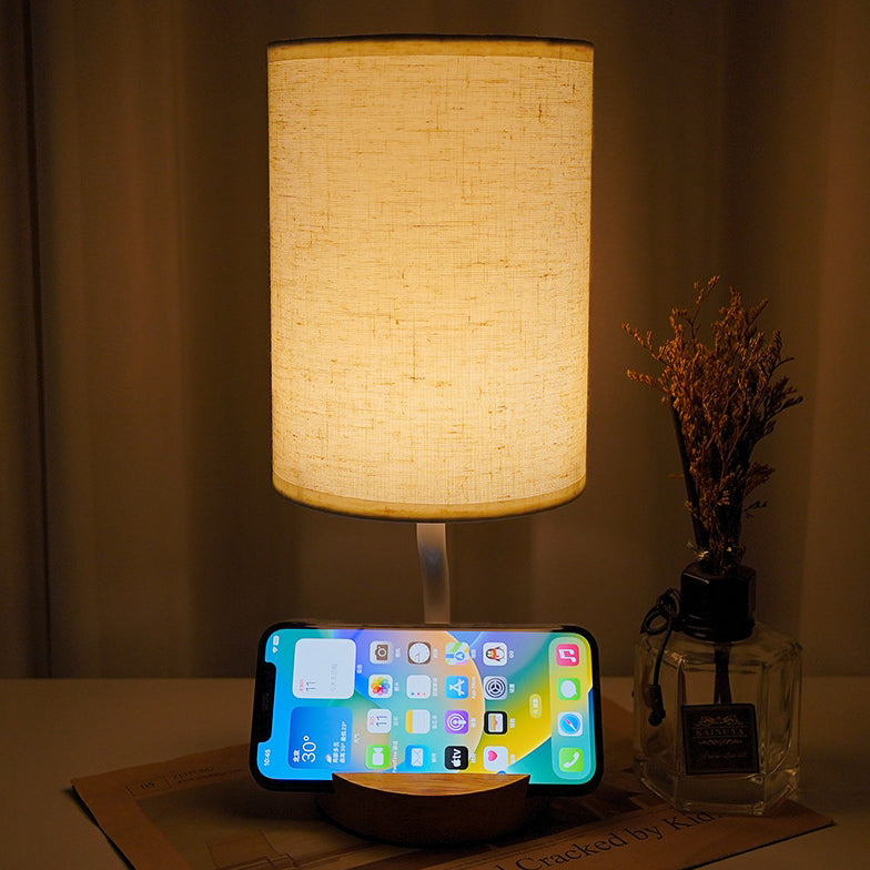Lampe de table LED en tissu bois cylindrique minimaliste moderne pour salon 